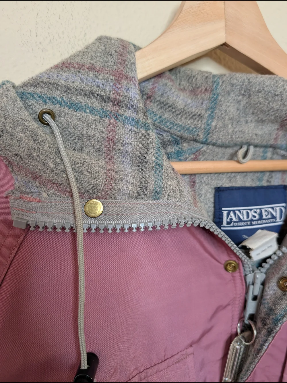 Vintage Lands' End Parka Mauve Pink Plaid Wool Lined Hooded Jacket M